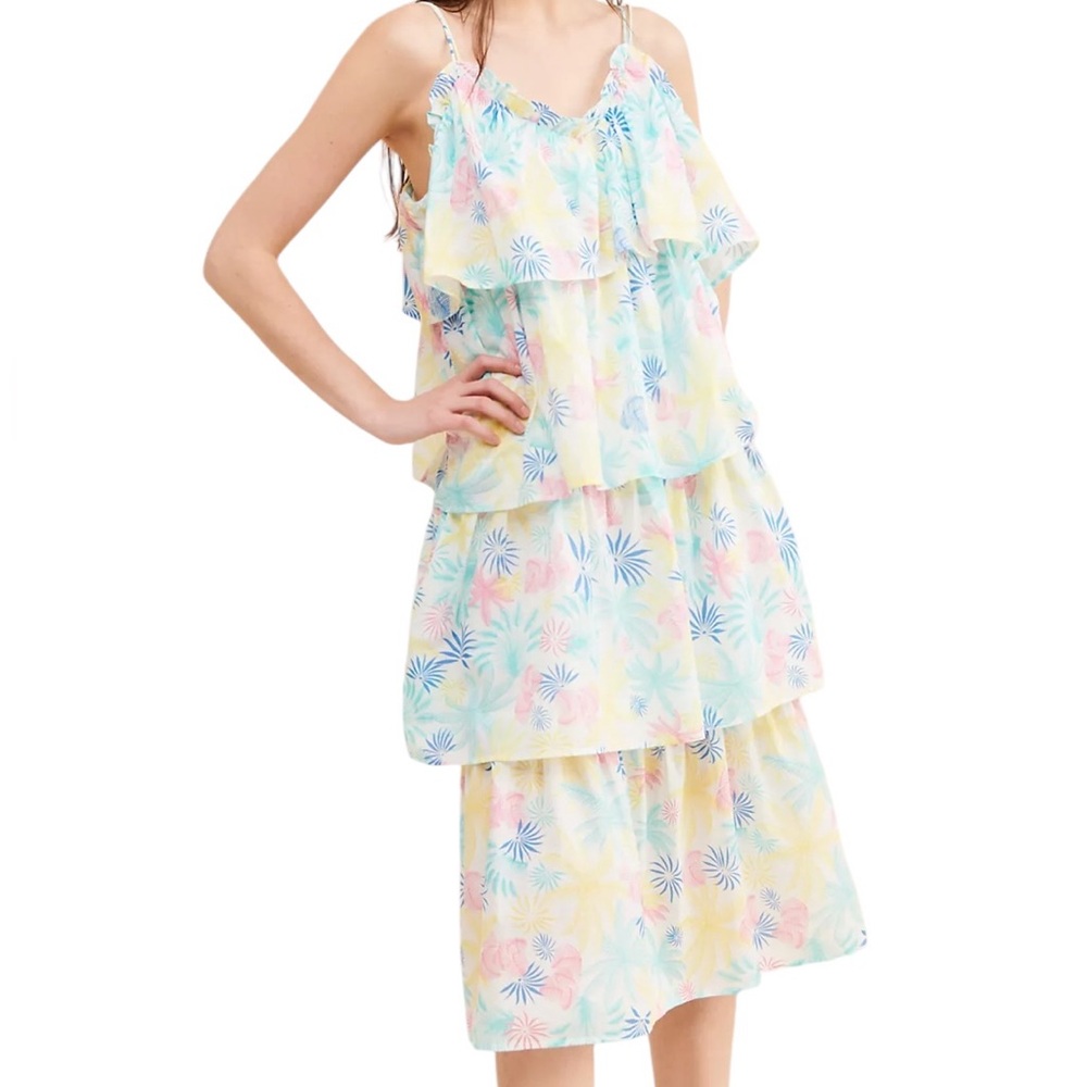 Floe Ginette Multi-Color Pastel Floral on White Background Tiered Midi Dress